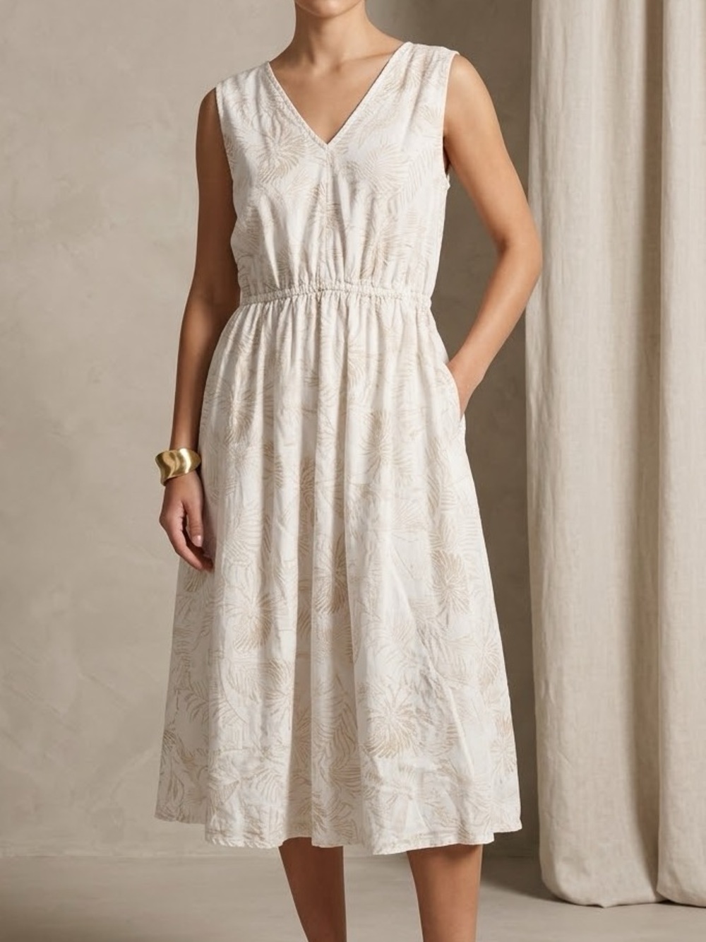 Haven Well Within Midi Dress Womens XL White Tan Palm Leaf Tencel Cotton Dress